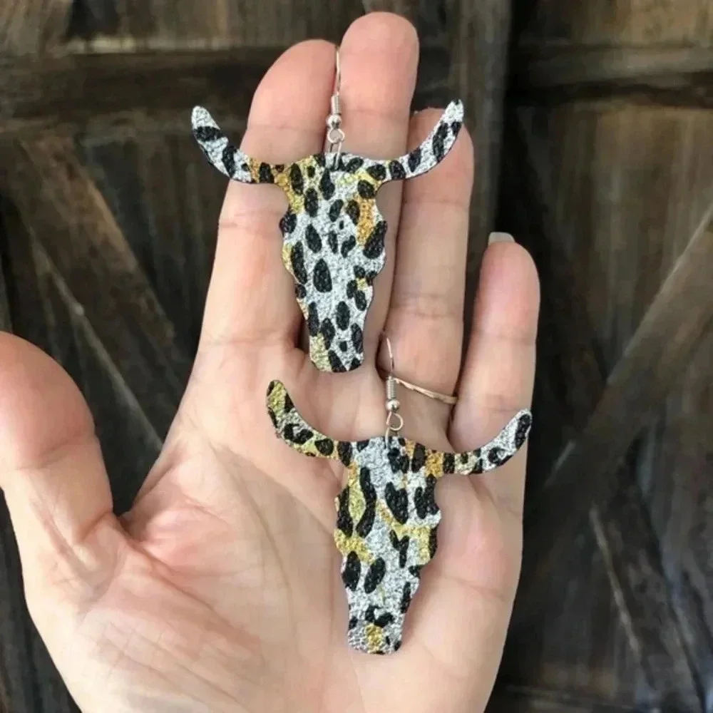 3 for $25/ Longhorn Leopard Print Metallic Faux Leather Die-Cut Earrings NWT